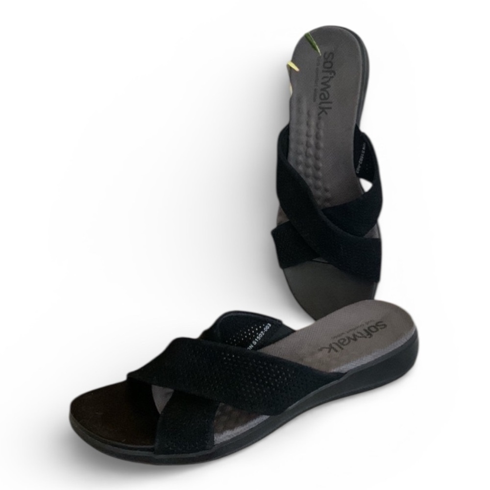 SOFTWALK Sandals, women's 10, black perforated leather upper, elastic inset EUC